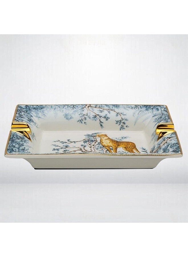 Lubinski Luxury Ceramic Cigar Ashtray for Two Slots Heat Resistant Square Tabletop Ash Tray White Cheetah Design for Office Home and Lounge - Image 3